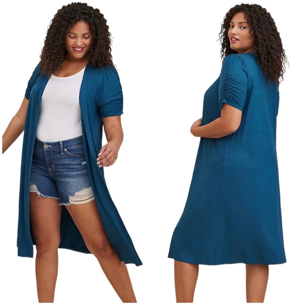 Torrid NWT Duster Fit N Flare Ruched Short Sleeve Sweater Size 00X Blue Longline